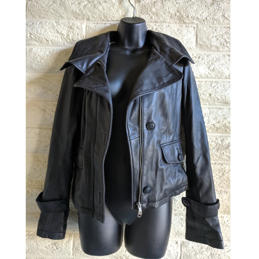 Mackage | leather button & zip black jacket EUC